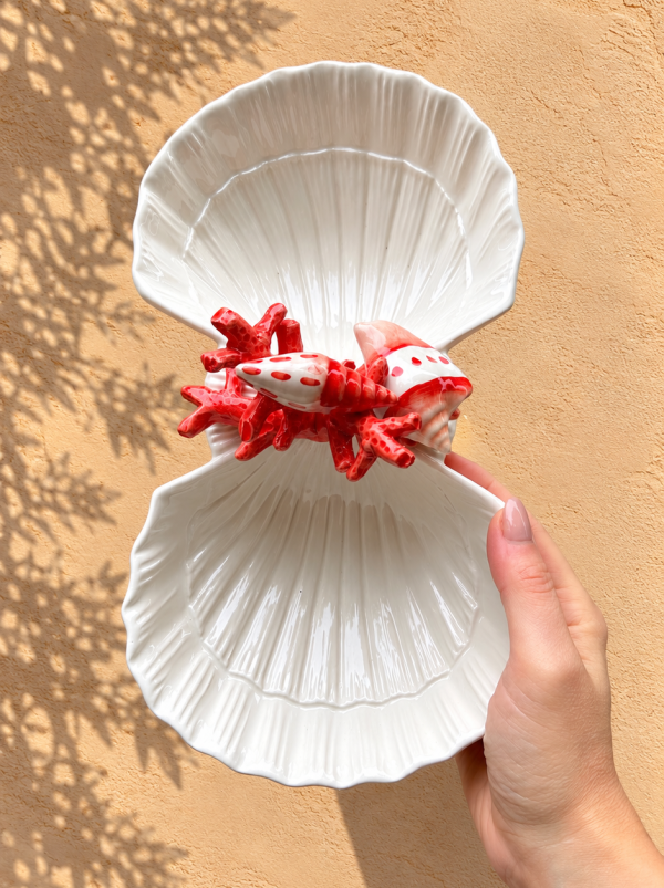 Red coral shell double bowl