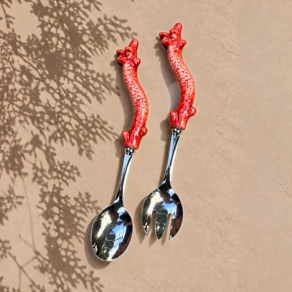 Red coral salad servers